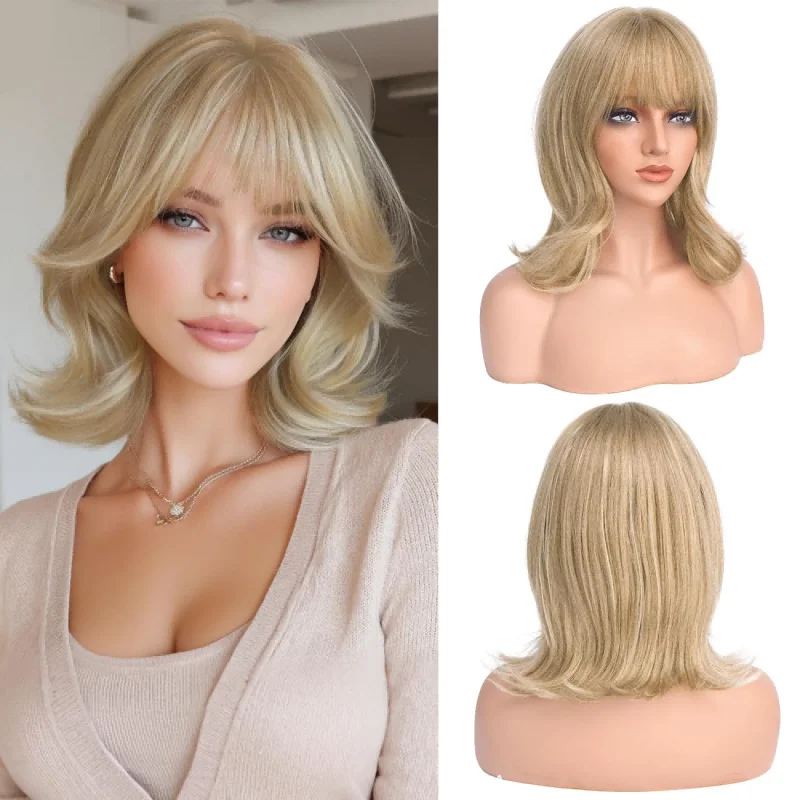 

Women Short Bob Wig 12 Inch Platinum Blonde to Honey Gold Ombre Synthetic Hair, Natural Fringe Bangs Soft Smooth Heat Resistant