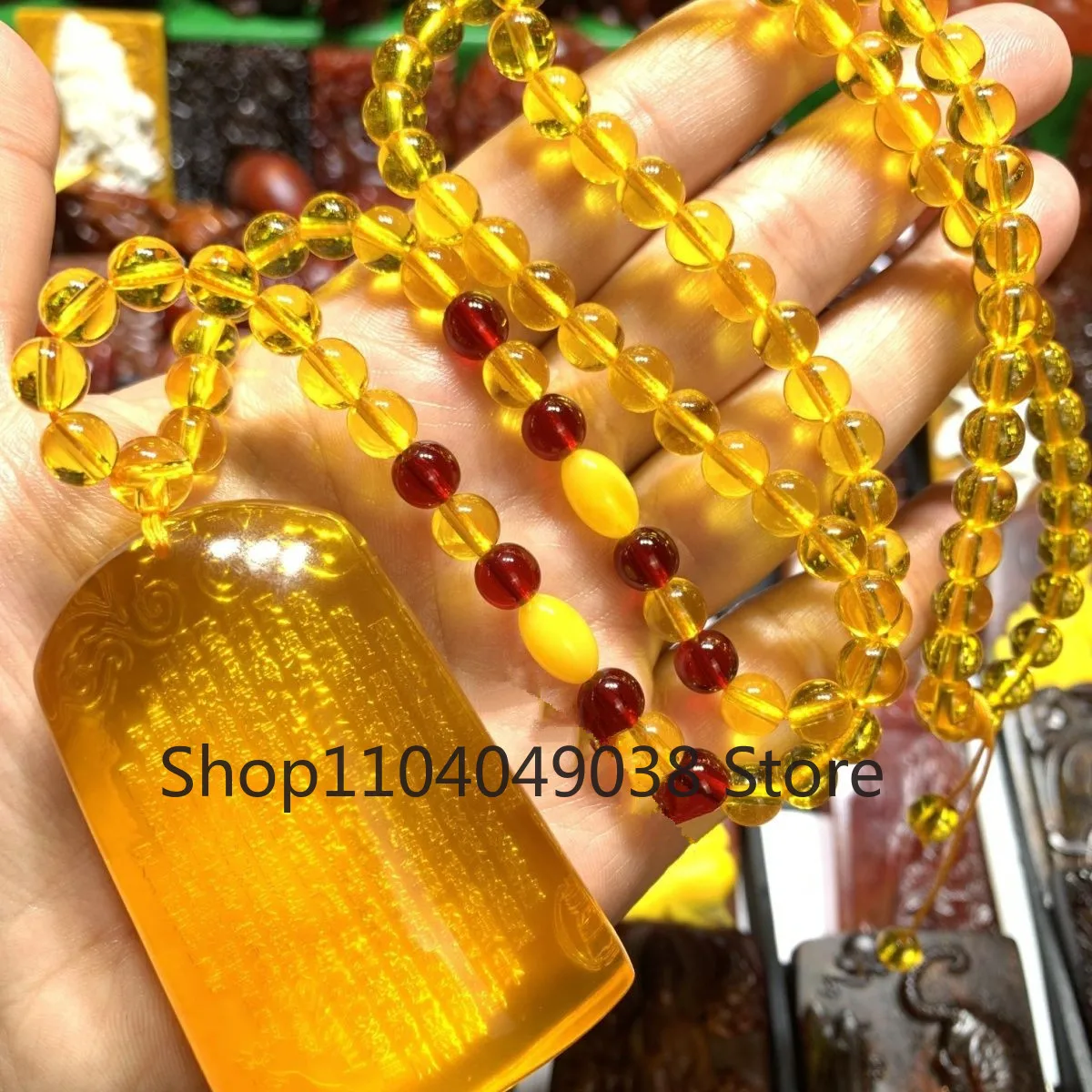 Natural Amber Carved Beeswax Heart Sutra Gold Perp Guanyin Blue Perp Drop Pendant Buddha Necklace Men's and Women's Lucky Charms