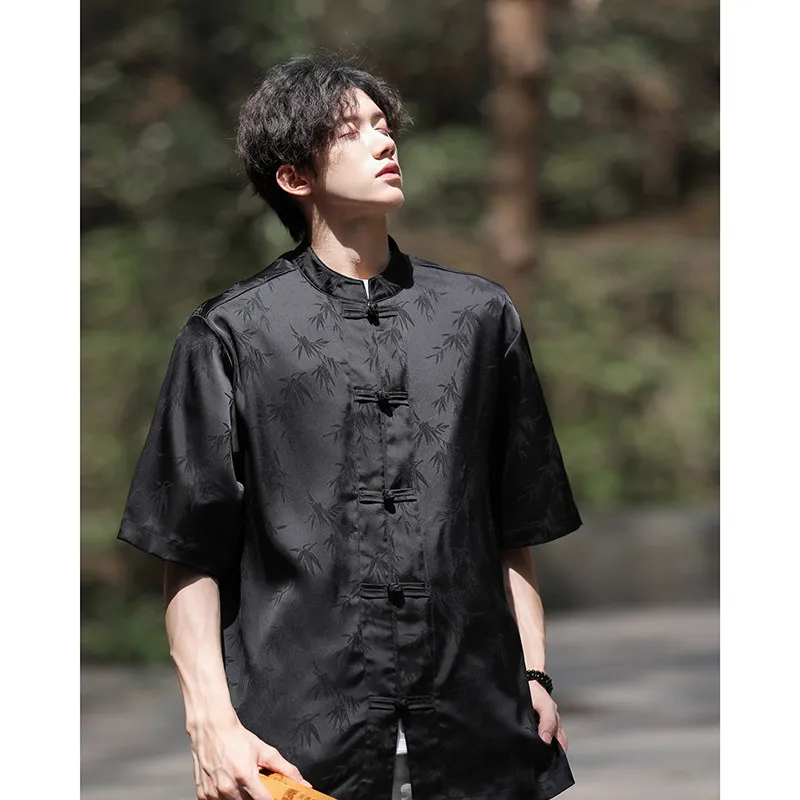 

New Chinese Sle Ice Silk ort Sve Men's irt Summer New Bamboo Le Acetate Stand Collar Button up Tang Costume Trendy