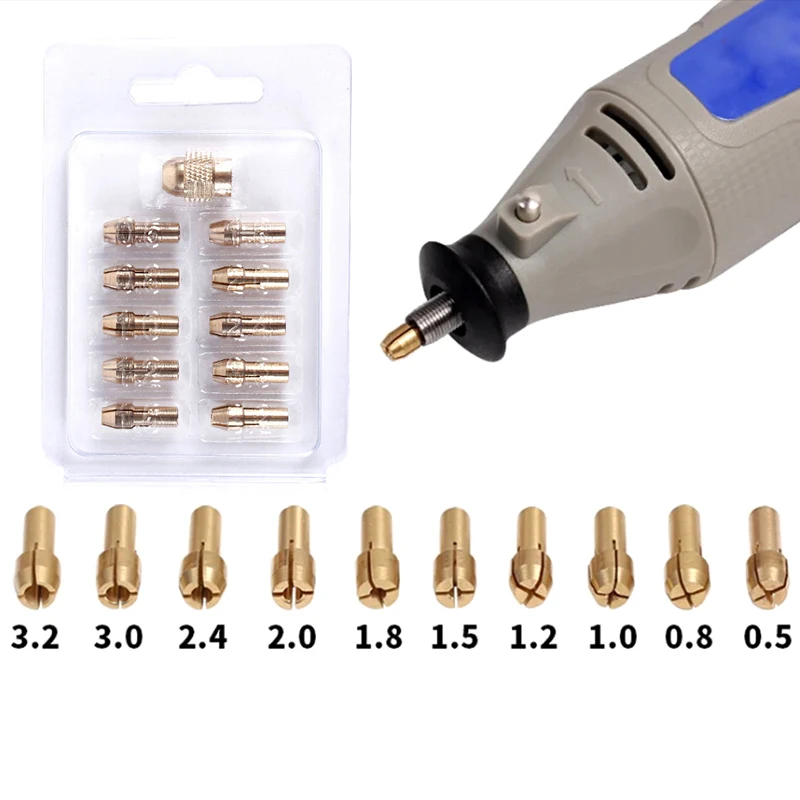 Juego de mandril de mandril de latón, Mini taladro de 11 Uds., 0,5-3,2mm para herramientas rotativas con inserciones de latón y tuercas, juego de accesorios de herramientas rotativas