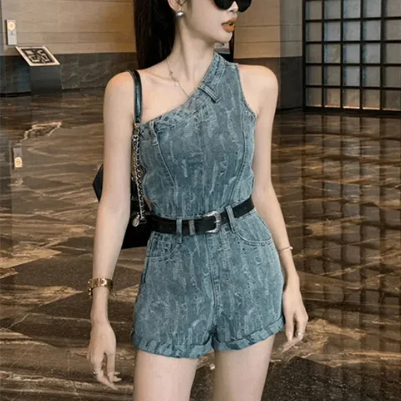 Korean Style Design Slanted Shoulder Denim Jumpsuit Women's Summer Retro Off Shoulder Shorts