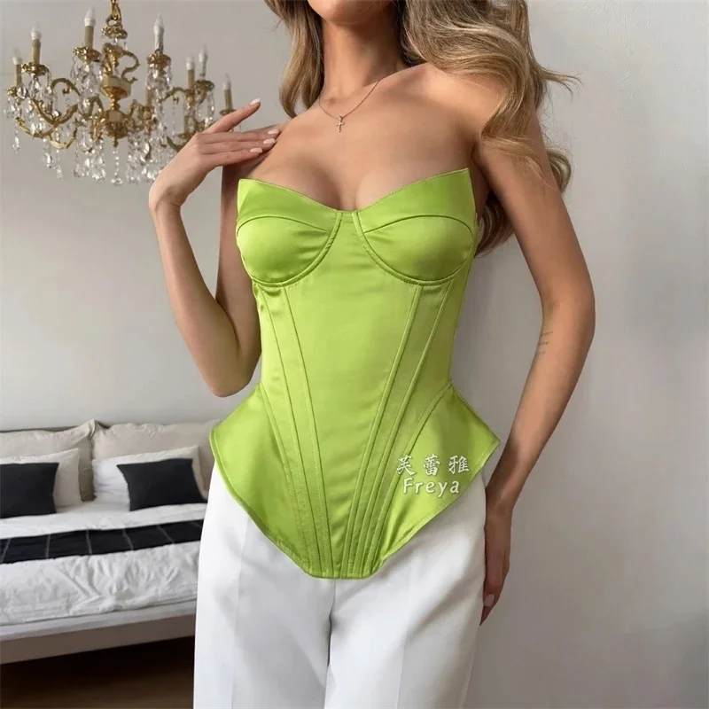 

Trendy Sexy Lime Green Satin Strapless Corset Top Boned Waist Cinching Irregular Hem Bustier For Young Women Daily Party Club