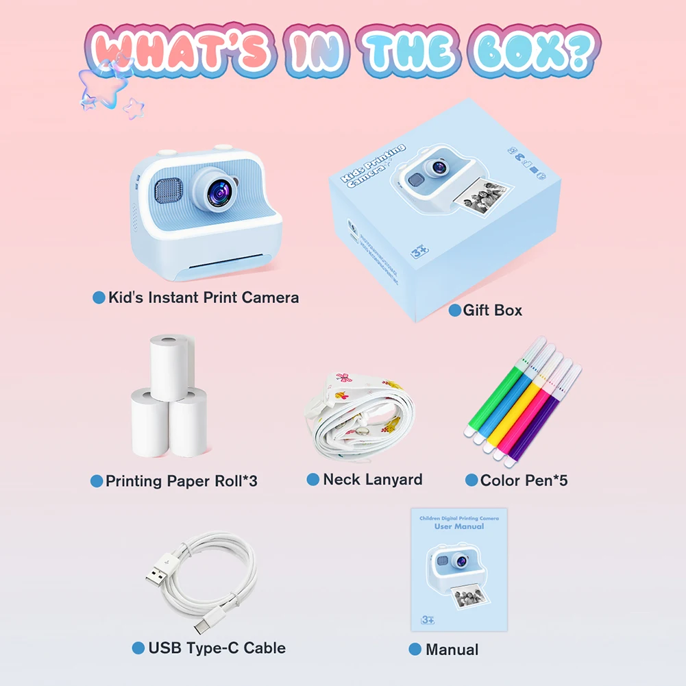 كاميرا صغيرة للطباعة الفورية للأطفال ، لعبة كاميرا صور رقمية ، فيديو عالي الدقة P ، طباعة حرارية مع 3 لفات ورقية ، شاشة