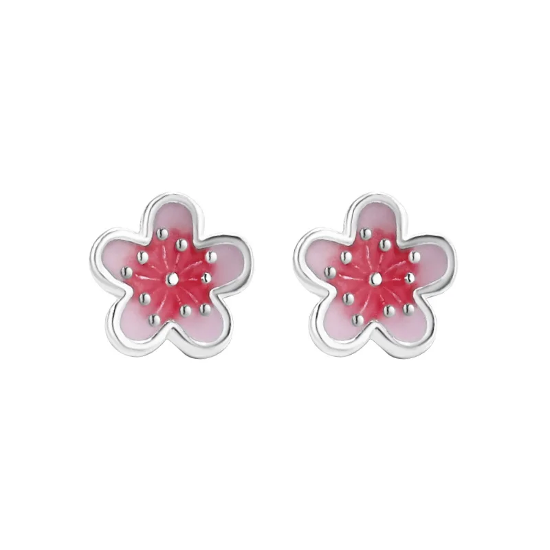 Fashion Pink Enamel Cherry Blossom Earring Women\'s 925 Sterling Silver CZ Flower Stud Earrings Valentine\'s Day Gift Jewelry