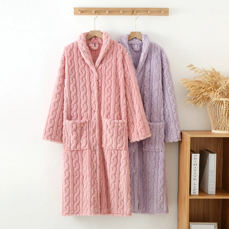 2024 Spring Autumn Women Warm Flannel Robe Ladies Soft Bathrobe Female Long Sleeve Dressing Gown Warm Robes Simple Home Clothes