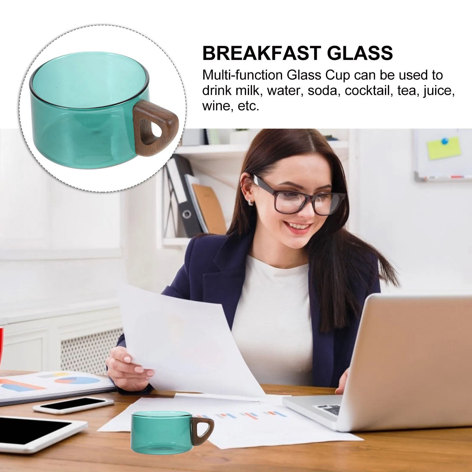 

Japanese Style Square Glass Coffee Cup Milk Mug with Handle Green Walnut Wood 350ml Kitchen Bar Use Glass Drinkware