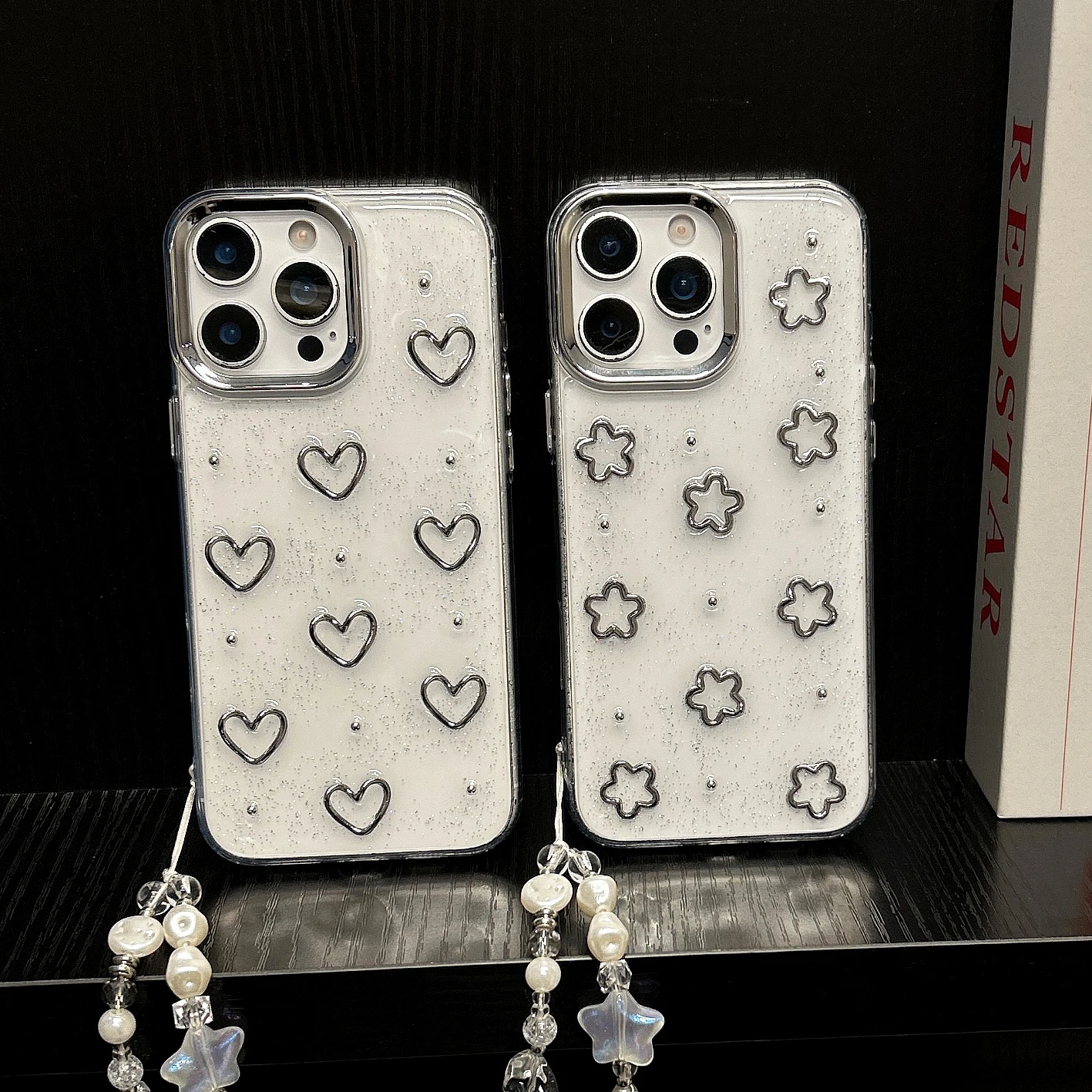 Роскошный чехол для телефона с блестками и серебряным цветком в форме сердца для iPhone 16, 15, 14, 13, 12 Pro Max Plus 11, милая прозрачная задняя крышка с цветочным принтом