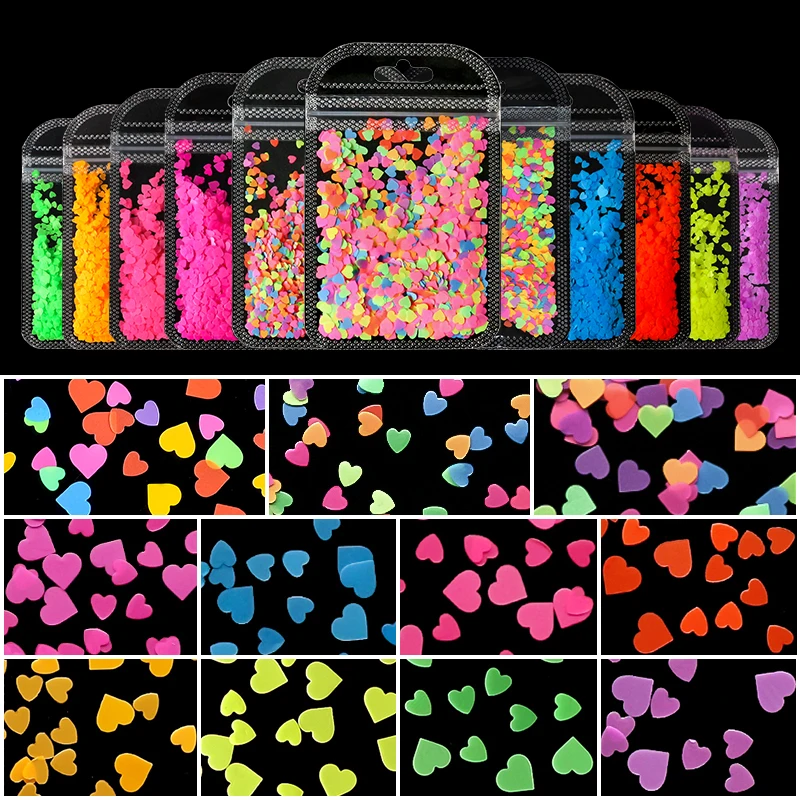 Fluorescence Love Heart Shape Nail Art Glitter Flakes 3D Colorful Sequins Polish Manicure For Nails Decorations DIY Accessories