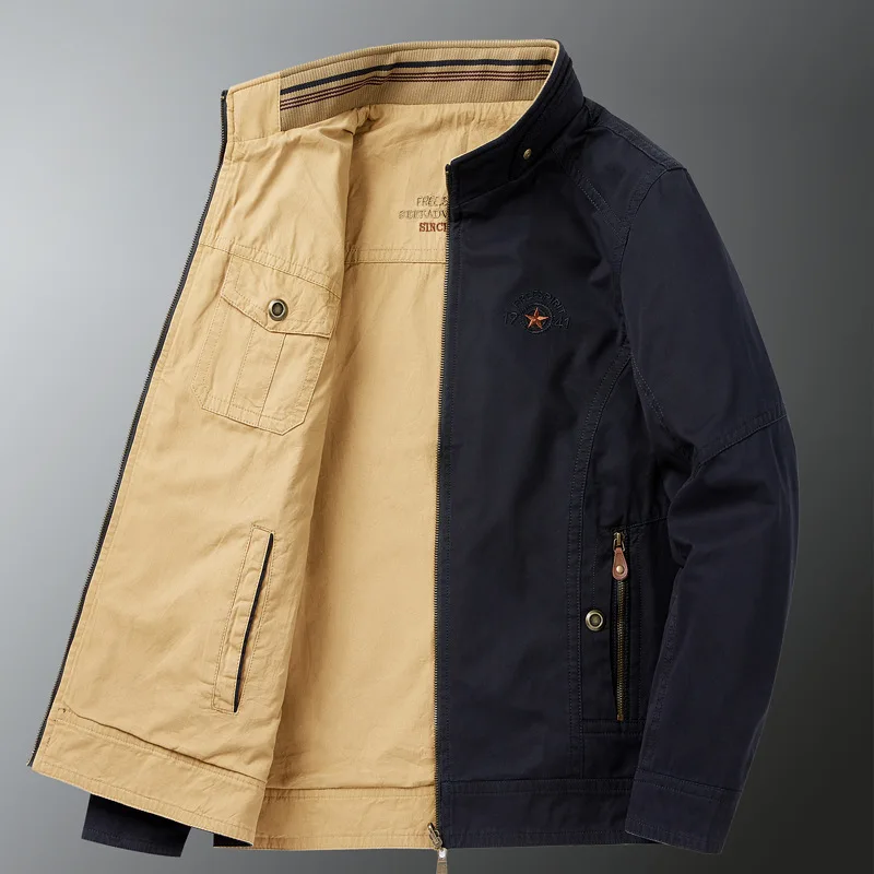 

Pure Cotton Men's Jaet Spring Autumn Stand Collar Thin Casual Middle-aged Dad Busin Leisure Loose Large Size Double-side...