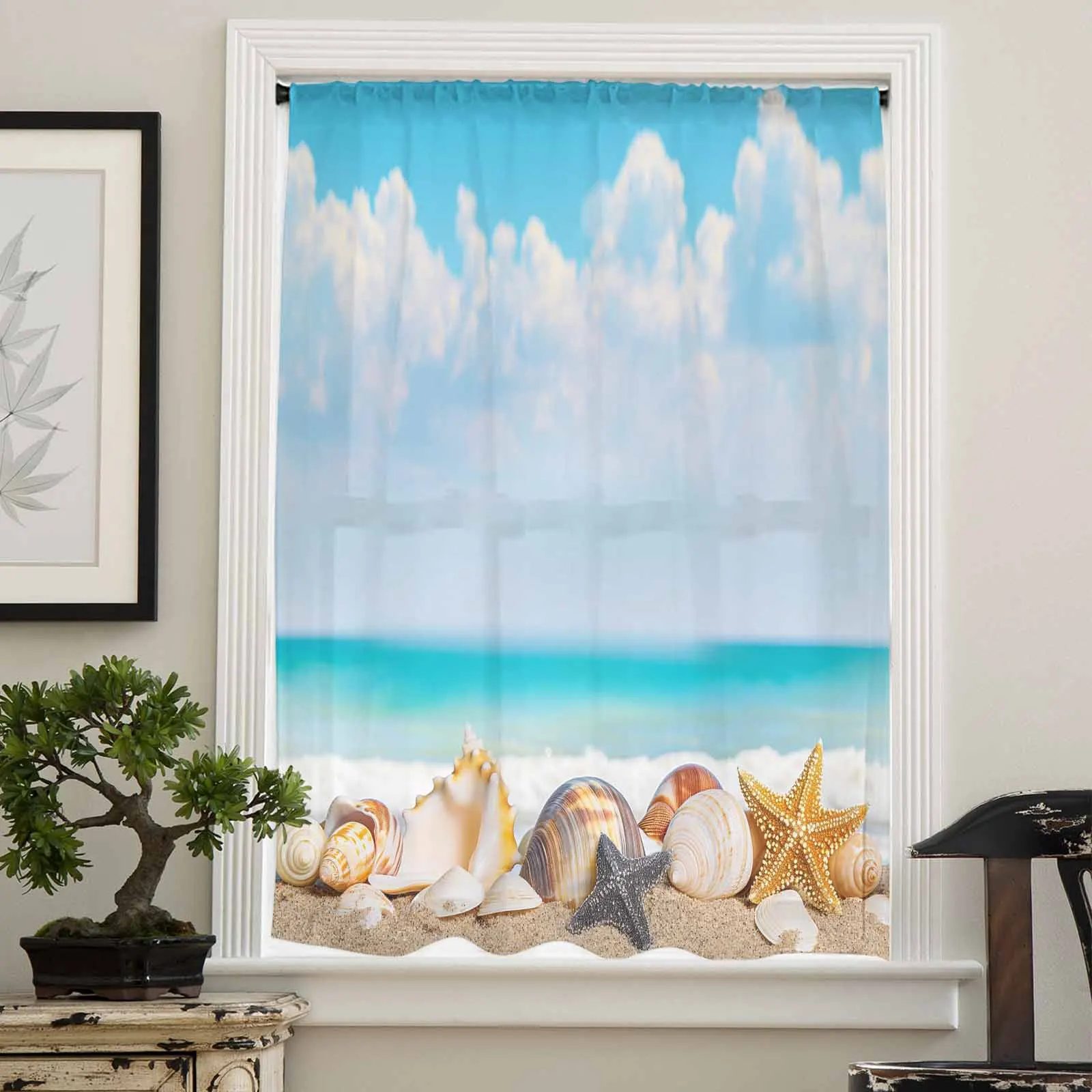 Summer Ocean Shell Conch Starfish Sheer Curtain Living Room Drapes Home Bedroom Voile Curtain Tulle Window Curtain