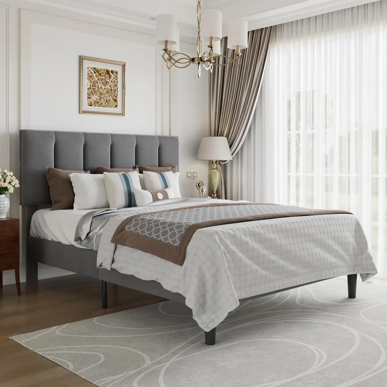VECELO Queen Bed Frame with Upholstered Headboard, Heavy-Duty Platform Bedframe with Strong Wooden Slats Support, No Boxing Spri