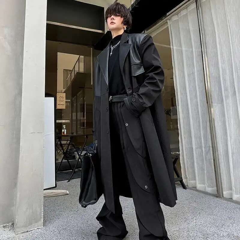 LUZHEN Korean Leather Splicing Long Trench Coat Men’s Trendy Loose Knee Length Stylish Outwear Male 2024 Autumn Winter LZ5199 2 LUZHEN Korean Leather Splicing Long Trench Coat Men's Trendy Loose Knee Length Stylish Outwear Male 2024 Autumn Winter LZ5199 2