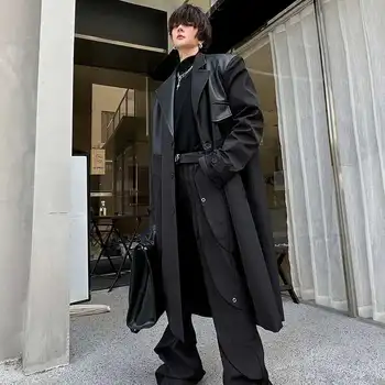 LUZHEN Korean Leather Spliced Long Trench Coat 2 LUZHEN Korean Leather Splicing Long Trench Coat Men's Trendy Loose Knee Length Stylish Outwear Male 2024 Autumn Winter LZ5199 2