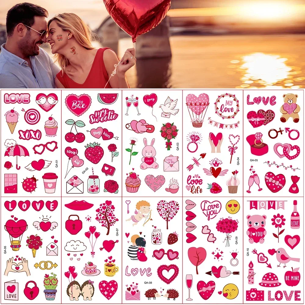 10 Sheets Valentine’s Day Theme Love Heart Temporary Tattoos Body Face Stickers for Valentine’s Day Wedding Party Decoration