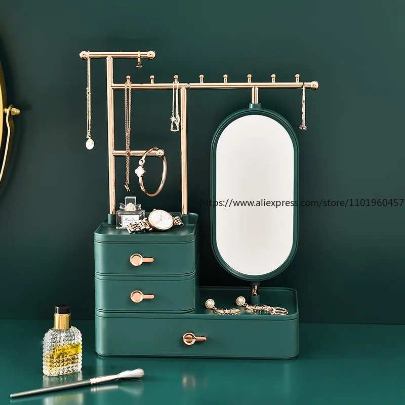 2-in-1 Jewelry Cosmetic Organizer Mirrored Display Stand with Skincare Storage All-in-One Desktop Rack