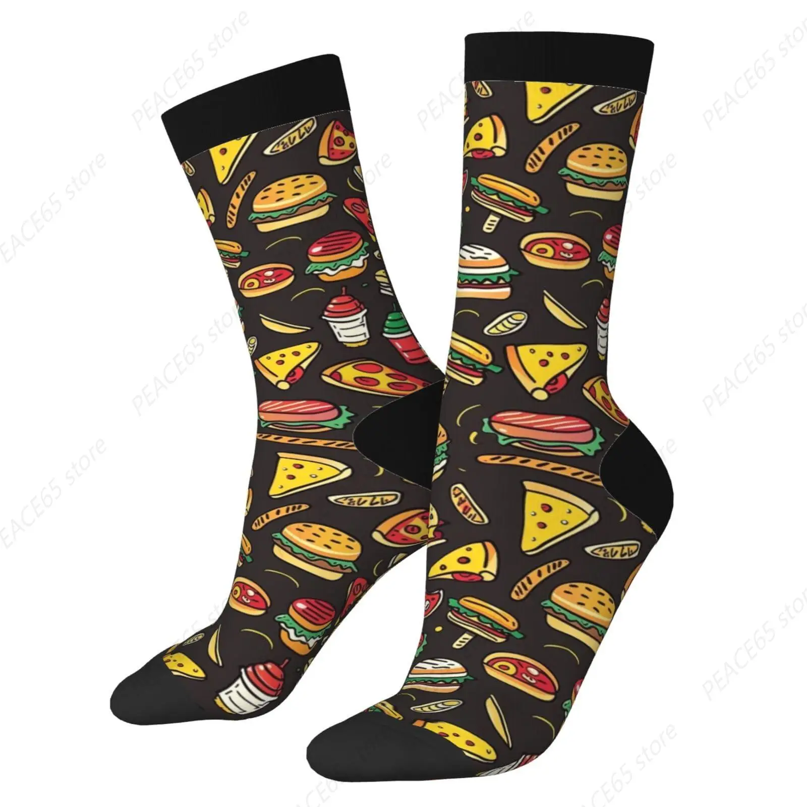 Cartoon Fast Food Pizza Hamburger Adult Socks Novelty Crew Socks Crazy Dress Socks Fun Colorful Novelty Graphic Crew Tube Socks