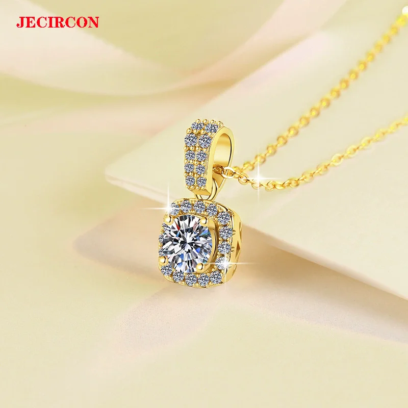 

JECIRCON S925 Sterling Silver Necklace, 1CT Moissanite Pendant, 18K Gold Plated Halo Design Sparkling Clavicle Chain for Women