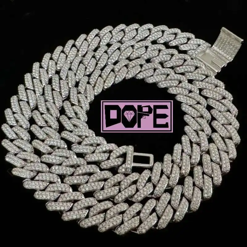 

14mm Iced Out 2 Row VVS Moissanite Hiphop Miami Cuban Necklace 925 Sterling Silver Sparkling Cuban Link Chain