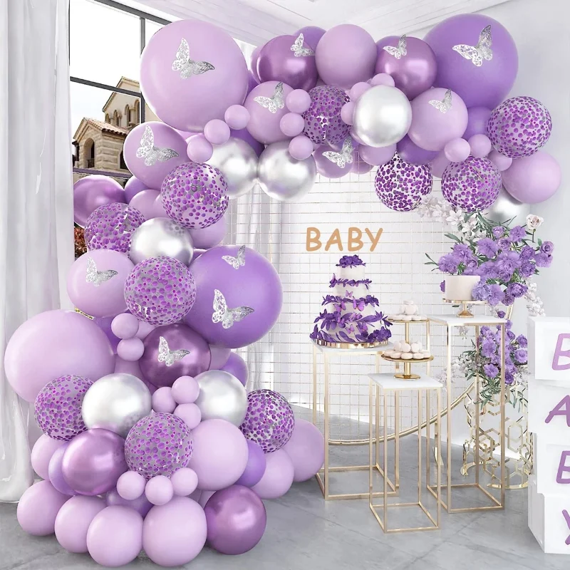 Butterfly Purple Balloon Garland Arch Kit Happy Birthday Party Decor Kids Baby Shower Latex Ballon Chain Wedding Party Supplies