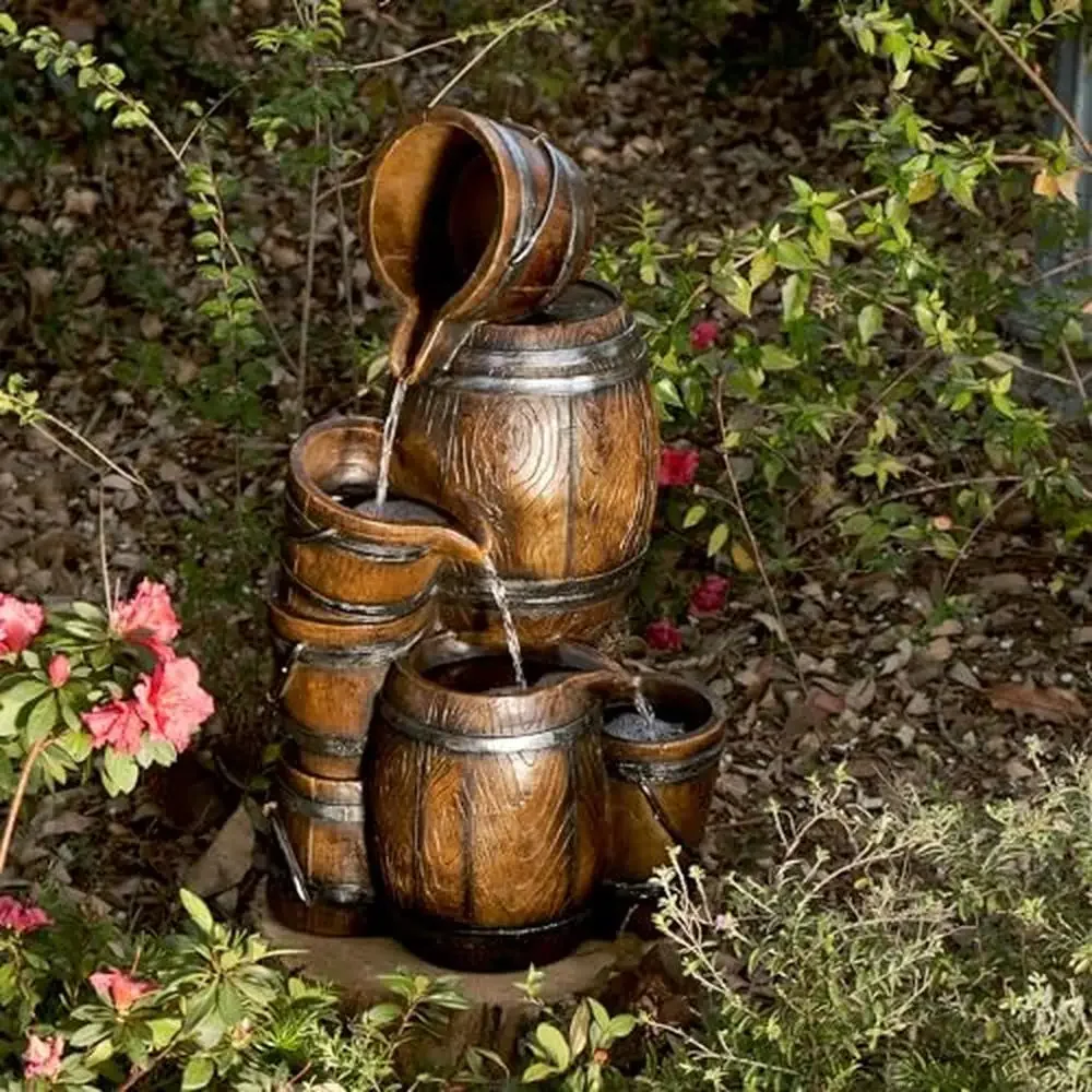 Tiered Barrels and Buckets Fountain Indoor/Outdoor Rustic 4-Tier Water Feature Relaxing Water Flow Weather-Resistant 24