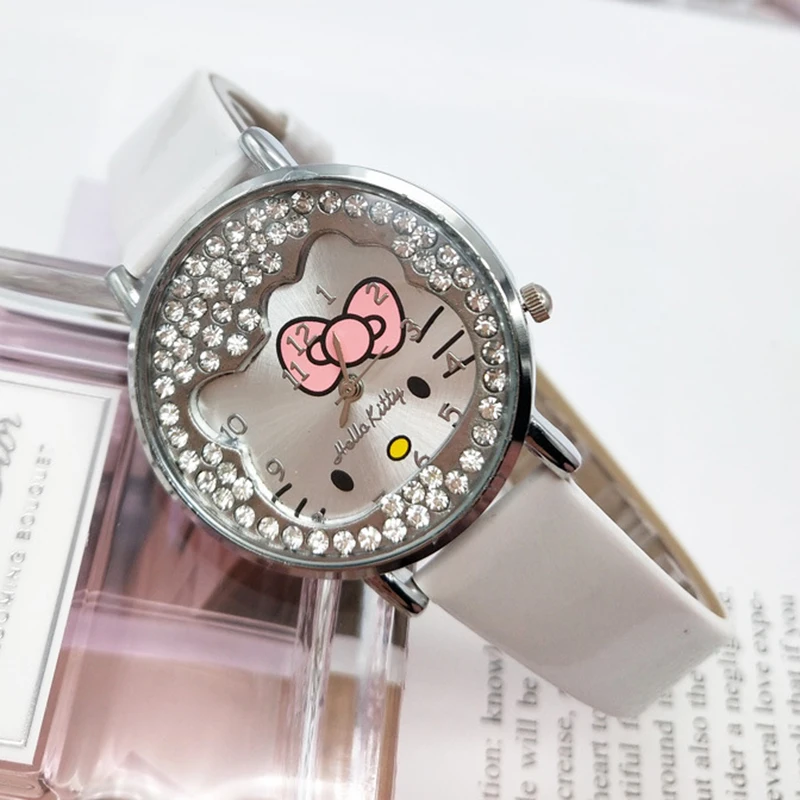 Miniso Anime Cartoon Sanrio Hello Kitty Diamond Round Quartz Girls Students Watch Fashion Kids Leather Belt Watch Birthday Gifts