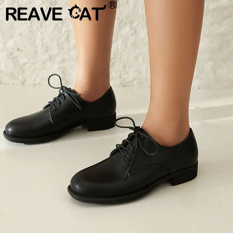 

REAVE CAT Design Women Flats Comfortable Round Toe Lace Up Big Size 41 42 43 Soft Casual Vintage Brogue Shoes for Female Spring