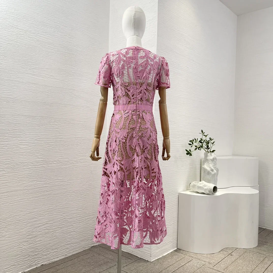 Pink and Blue Grid Cutout Lace Patchwork Hollow Out See Through Midi Dress Chic and Elegant for Woman 2024 Summer New Dresses