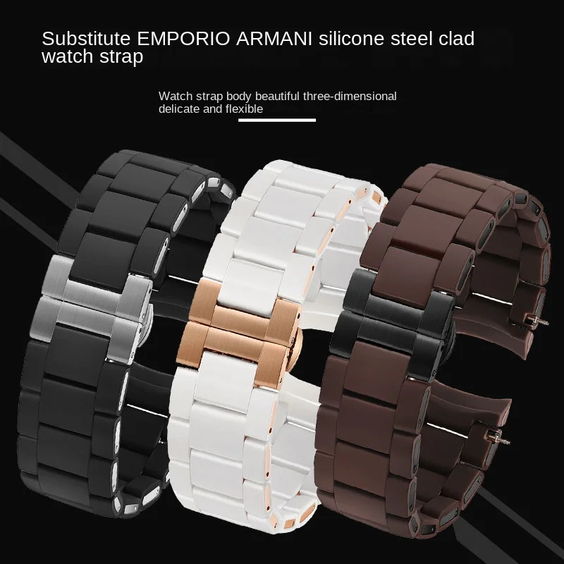 White black Silicone rubber clad steel watch band For Armani AR5905|5906|5920|5919|5859 women 20mm man 23mm Wrist strap Bracelet