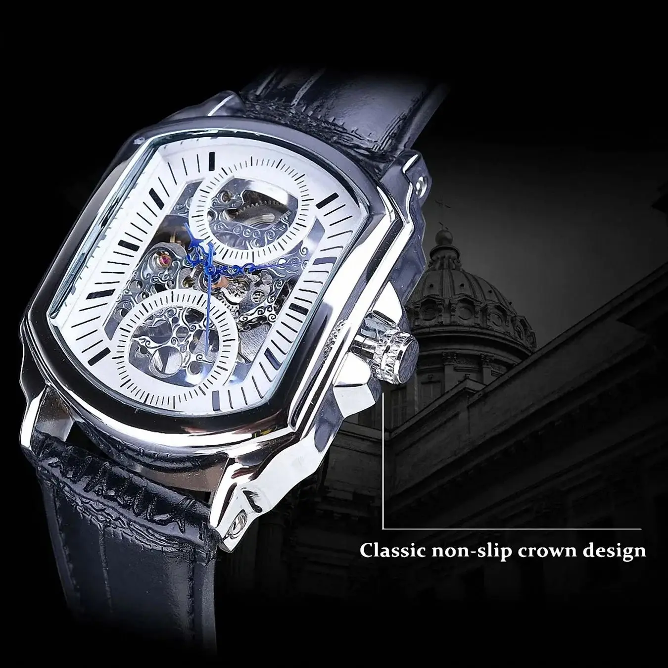 ساعات رجال الأعمال من WINNER من أفضل العلامات التجارية الفاخرة ذات الهيكل العظمي الأوتوماتيكية الميكانيكية للرجال بمؤشرات زرقاء وحزام جلدي أسود جديد