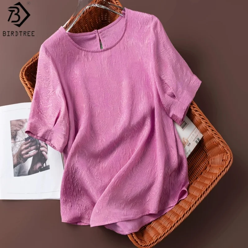 Birdtree, 100% Silk Jacquard Tshirt, O-neck Short Sleeve Tops, Women Guanle Crepe Golden-thread Shirt, 2026 Summer New T66625JF