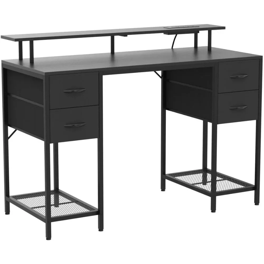 Bureau d'ordinateur avec lumières LED et prises de courant, grand espace de rangement pour chambre à coucher, bureau de jeu à domicile, 4 wers de proximité, 47 pouces