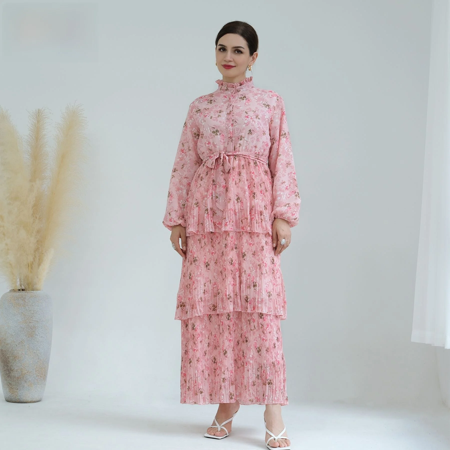 

Длинное платье до щиколотки с принтом The Middle East Pure Beau Lo LR652 Commute Sle Воротник-стойка Long Sve Maxi Dr