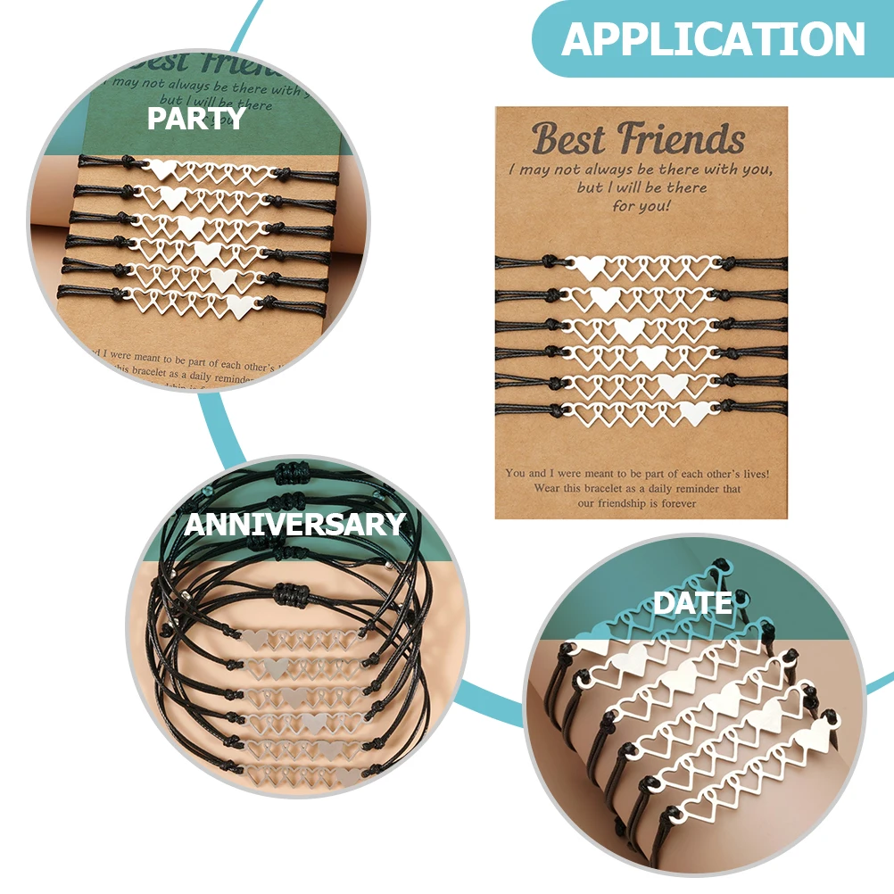 

6Pcs Adjustable Friends Heart Bracelets Jewelry for Teen Stainless Steel Friendship Gifts Wrist Rope Cord