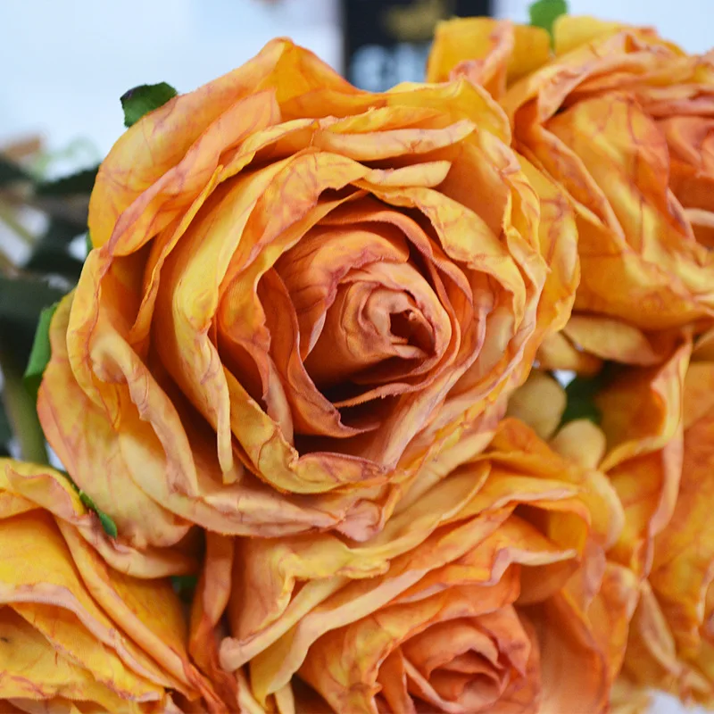 باقة زهور صناعية واحدة 7 رؤوس تأثير محروق محاكاة وردة بلغاريا لحفل الزفاف باقة العروس ديكور طاولة المنزل