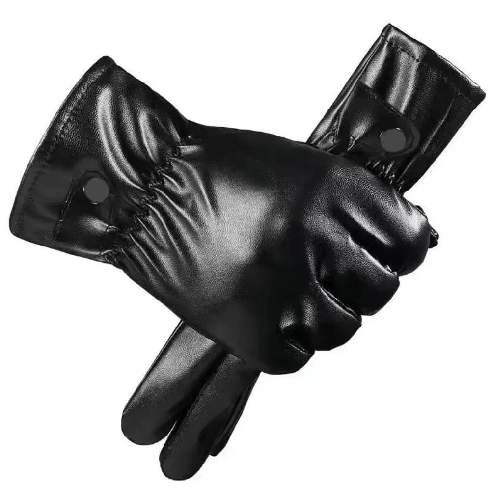 Mens Winter Black Leather Gloves Fleece Touchscreen Lined Water-Proof For Motorcycle Driving Dress Real Sheepskin Warm