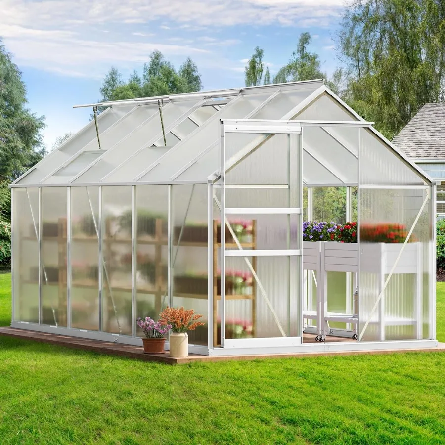 

YITAHOME 12x6FT поликарбонатная теплица, большие сверхмощные зеленые домики, уличные алюминиевые теплицы с раздвижными дверями, вентиляционное отверстие Win