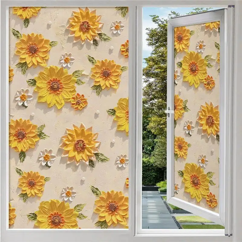 3D Embossed Floral Window Privacy Film Static Cling UV Blocking 1Roll 60*100cm for Bathroom Glass Door
