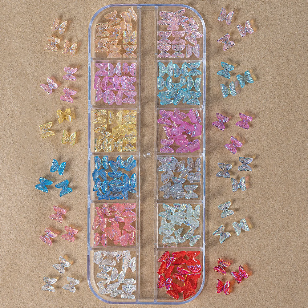 12グリッド カラフルオーロラバタフライ 3Dネイルチャーム 6/8/10mm カワイイ レジン グリッター オーロラバタフライ アイス透明 マニキュアバタフライ
