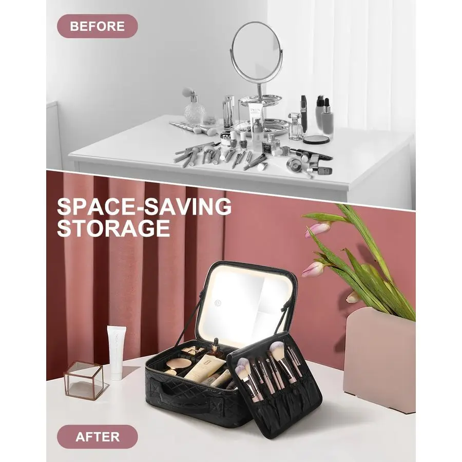 Tas met LED-verlichte spiegel Draagbare make-up organizer Treinkoffer met 2X 3X vergrotingsversterker 3-kleurenverlichting voor precisie, Adju