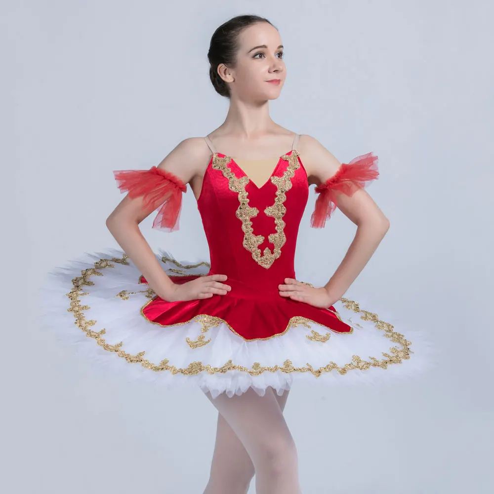 

BLL132 Red Velvet with Gold Trim White Tulle Tutu Pre-professional Ballet Pancake Tutu Adult/Girls Ballerina Performance Costume