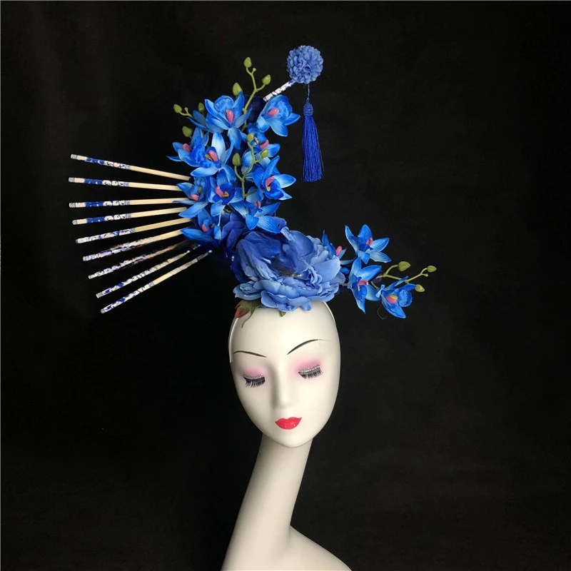 

New original Chinese style blue and white porcelain catwalk stage performance makeup styling competition hair accessories