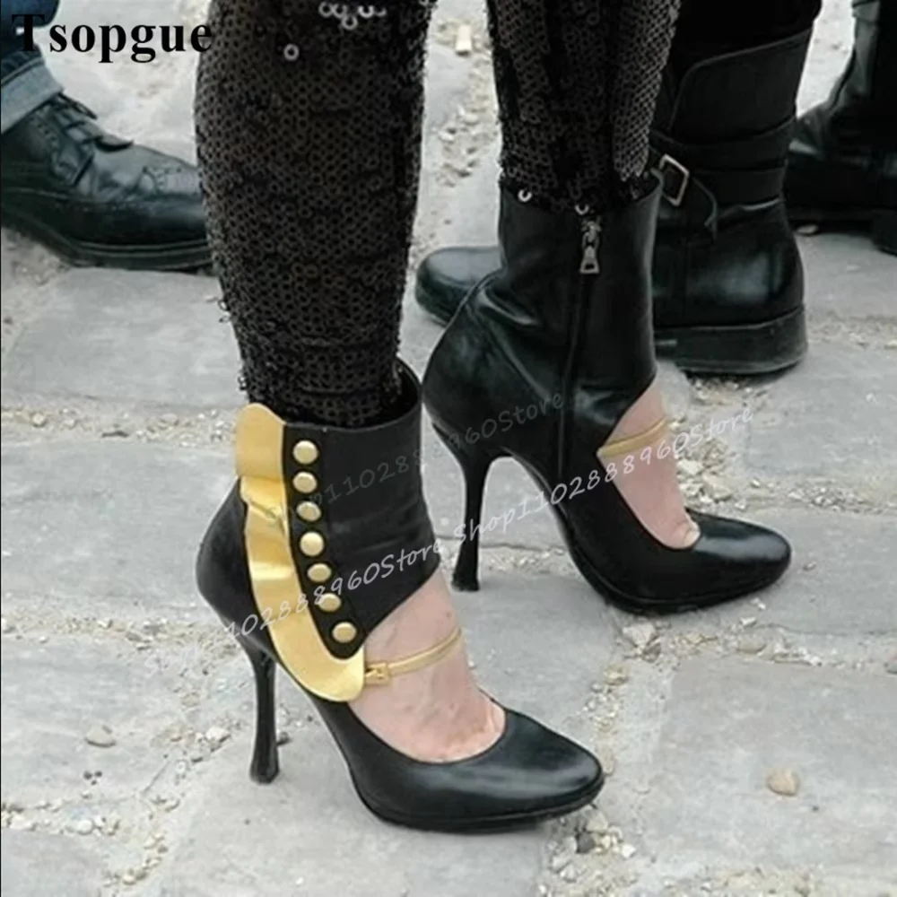 

Black Buckle Strap Ruffles Button Pumps Thin High Heel Shoes For Women Side Zipper Pointed Toe Casual Stylish Party Women Pumps