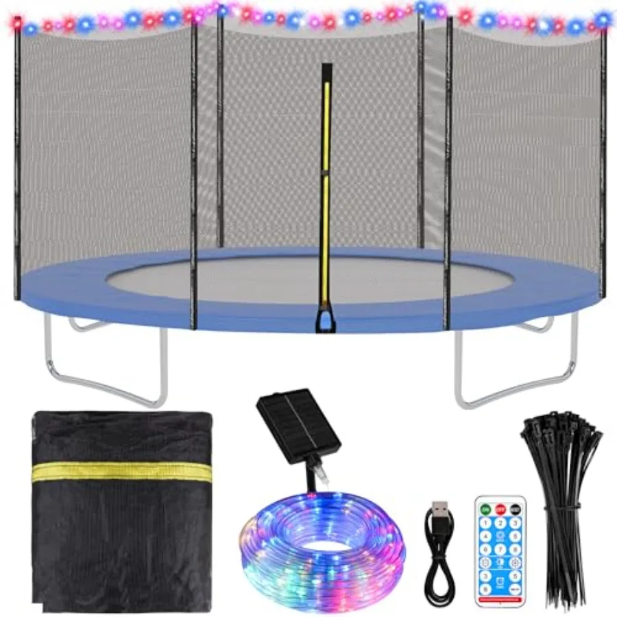 Trampoline Replacement Net 14Ft for Round Frame Weather-Resistant Breathable Mesh with Solar Rope Lights Black Safety Enclosure