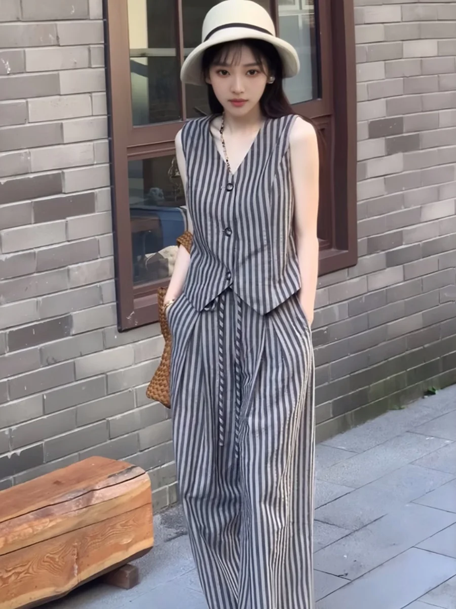 

Модный женский жилет с вертикальными полосками и широкие брюки с высокой талией, комплект из двух предметов, летняя новинка, элегантный стиль