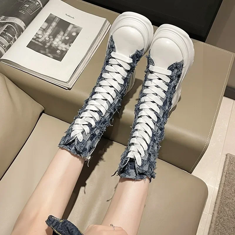 Hot Canvas Chunky Platform Ankle Boots Women Zipper Thick Sole Motorcycle Boots Woman Height Increasing Punk Mid-Calf Botas