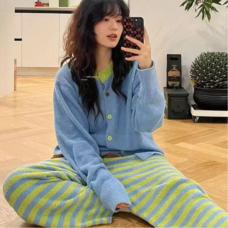 

Korean Version Women's Stripe Pajamas Homewear Set Sleepwear Pants Loungewear Autumn Winter Girl's Coral Fleece Warm Two Pieces