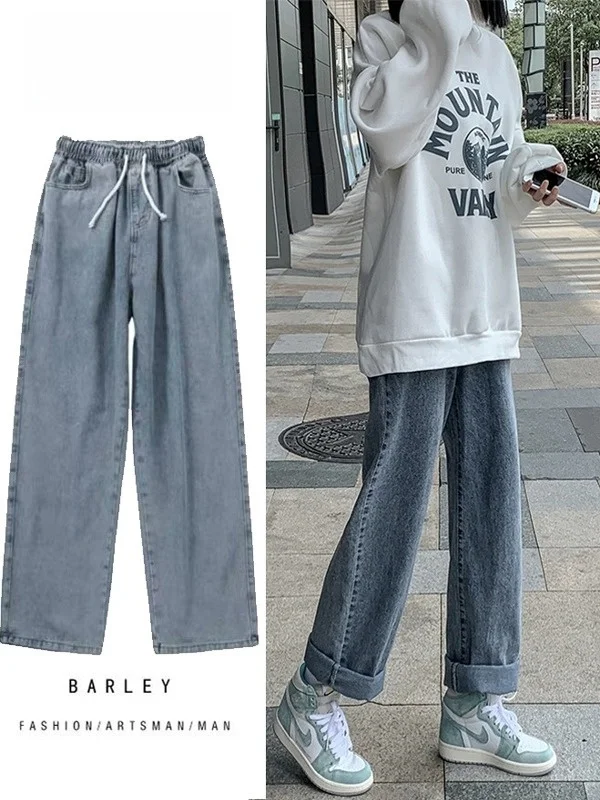 

Широкие джинсы с высокой талией, женские свободные утягивающие джинсы прямого кроя на подкладке, весна-осень INS Sle, студенческие джинсы больших размеров