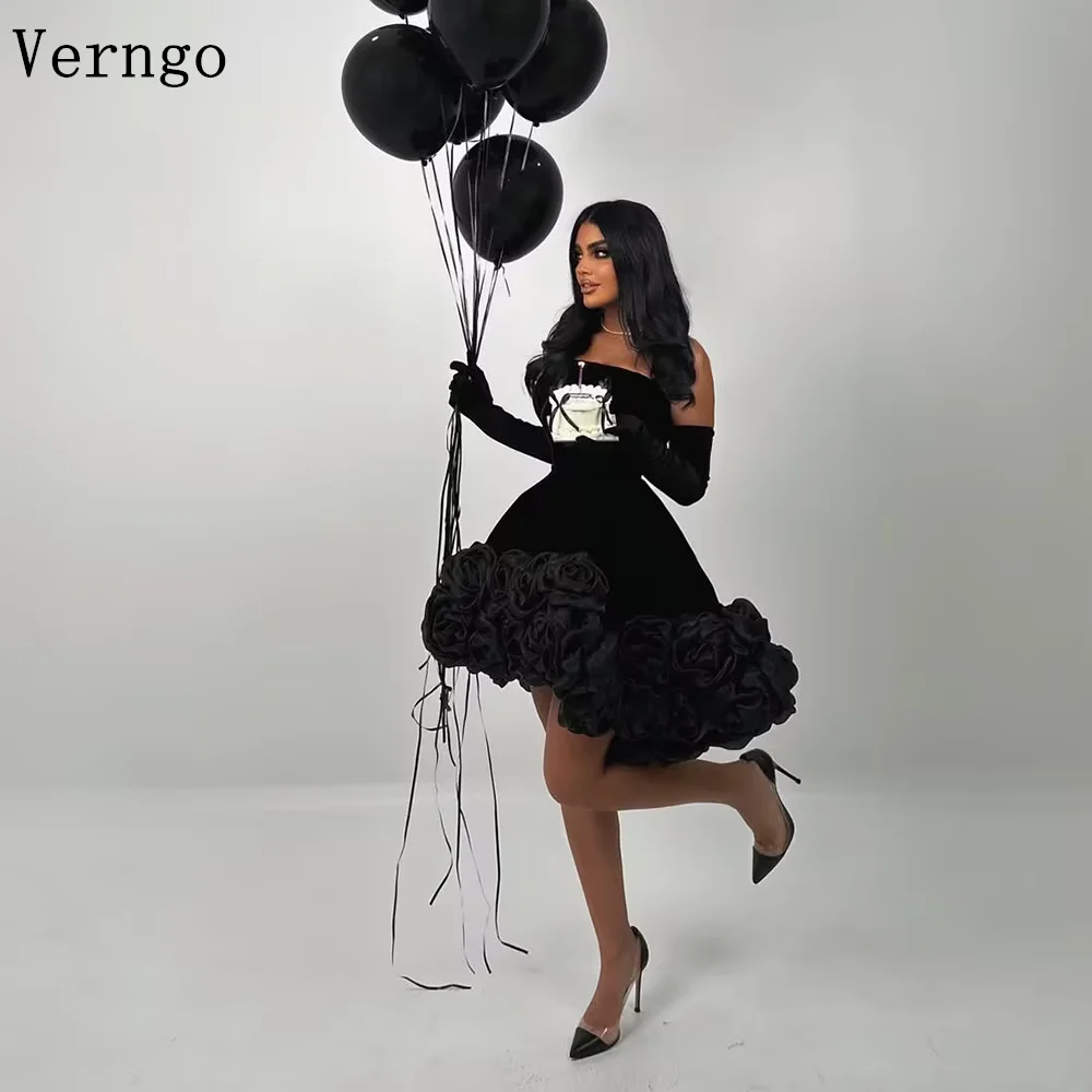 

Verngo Black Velvet Prom Gown Strapless A Line Ball Birthday Party Dresses 3D Flowers Elegant Prom Gowns Customized