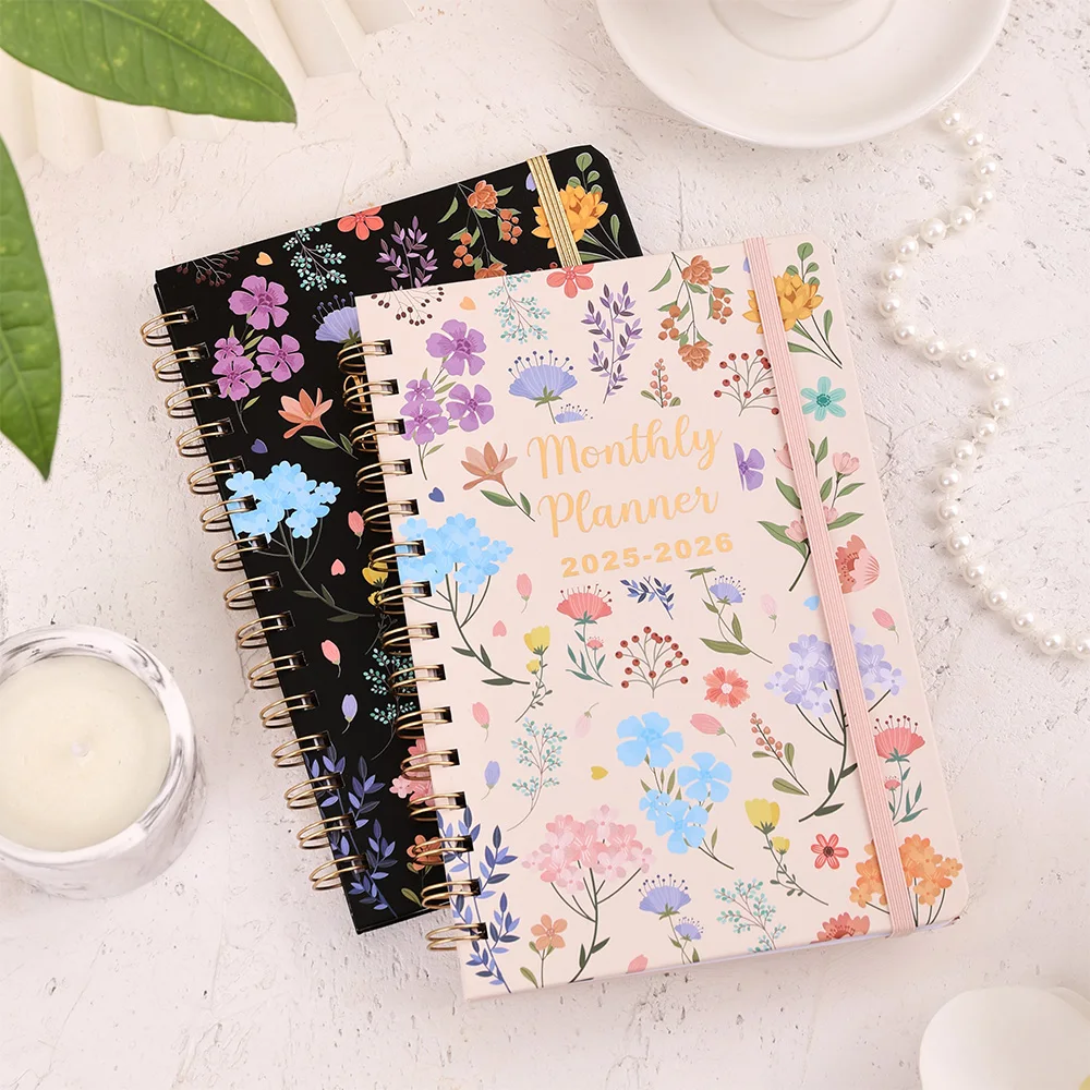 57 sheets 25-26 2 Years Coil Monthly Planner Floral Cardboard Cover Monthly Calendar Notebook With Tab Stickers Pocket Organizer