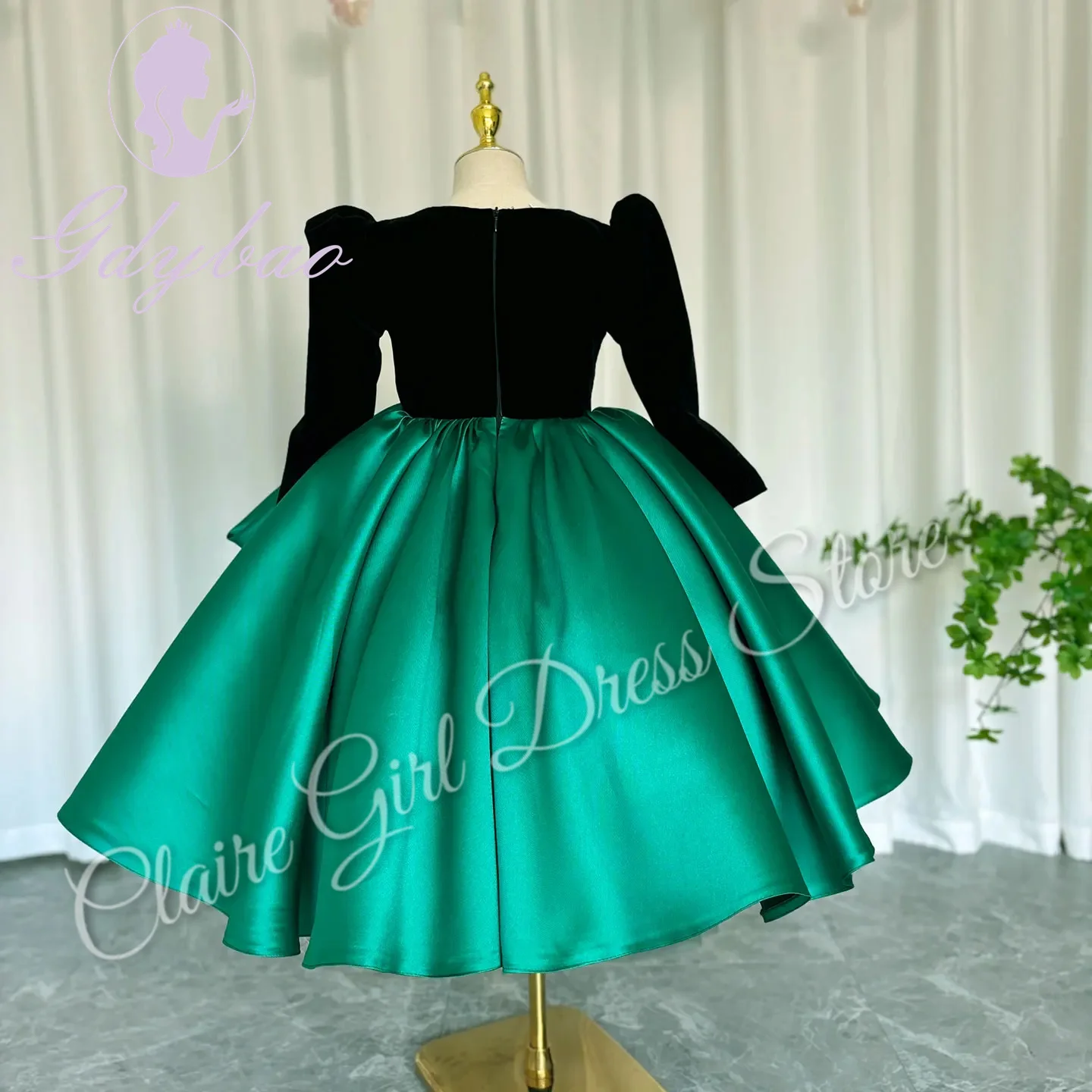 Vestidos florais verdes personalizados para casamento, cetim com laço, mangas completas, festa de aniversário infantil, primeira comunhão, vestido de baile